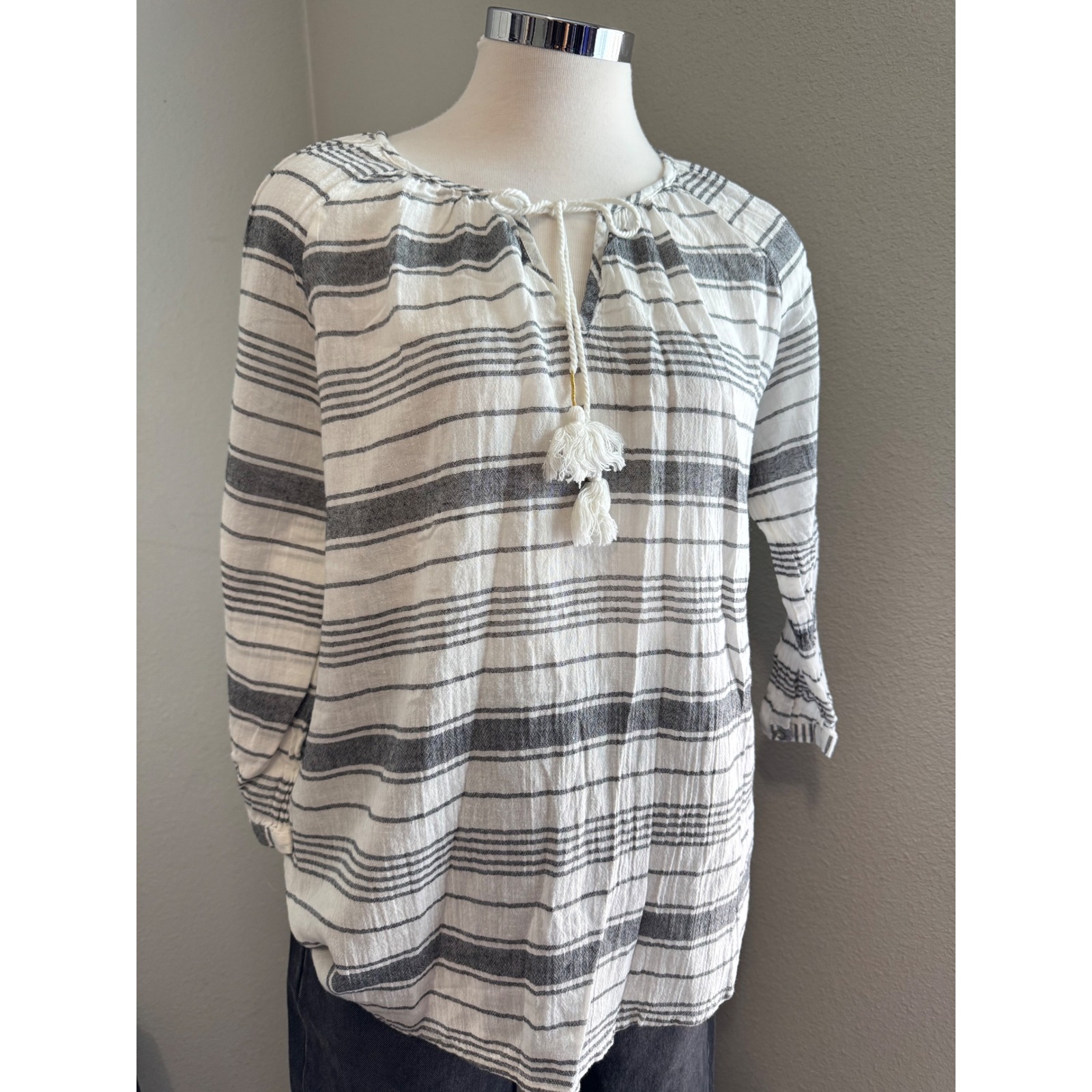 Merona Women's Striped Tassel Tie 3/4 Sleeve Top Blouse - Size M